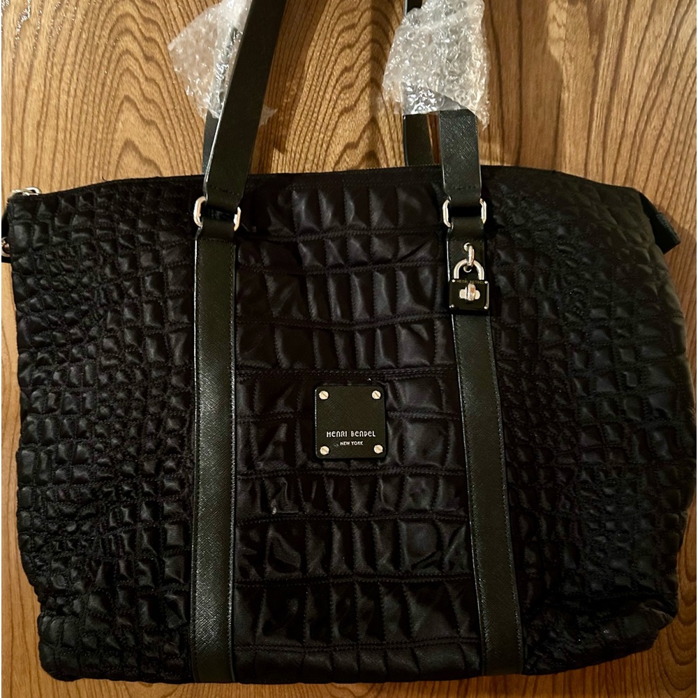 Henri Bendel quilted croc tote, black, new in wrappings.